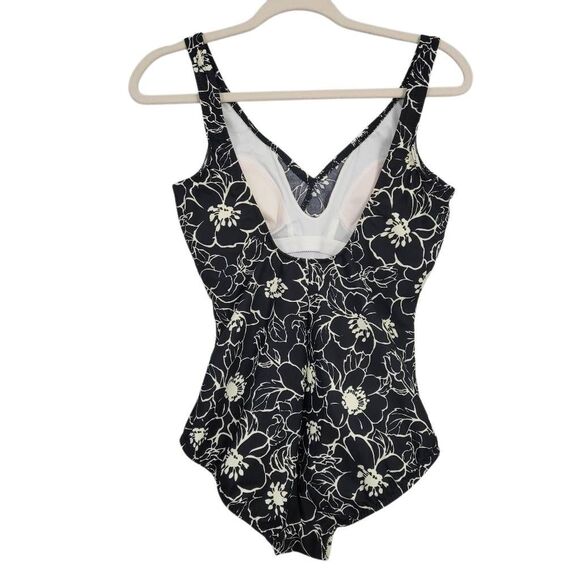 Miraclesuit Black Floral One Piece Swimsuit Sz 10 Padded Wirefree Slimming V-Nec - Picture 2 of 5